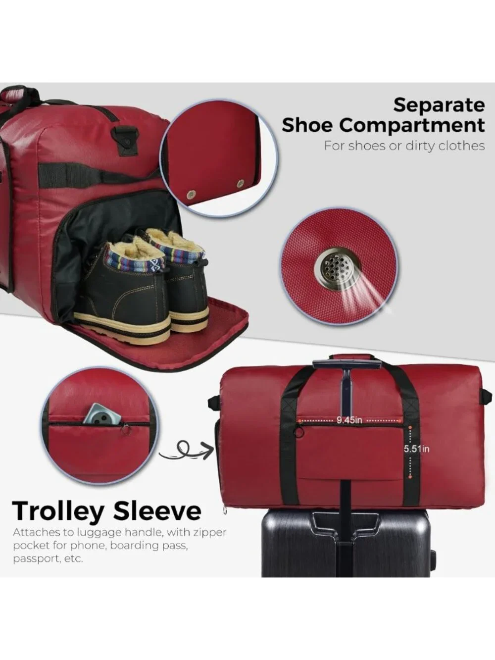Large 65L Foldable Duffle Bag with Shoe Compartment, Water-Resistant Travel Tote